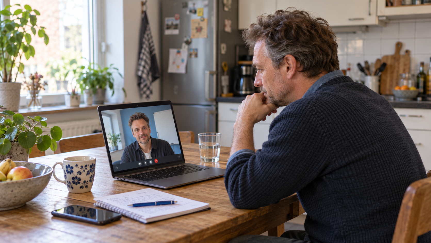 Nederlandse ondernemer van ongeveer 50 volgt een online training aan de keukentafel; de trainer is zichtbaar op het laptopscherm